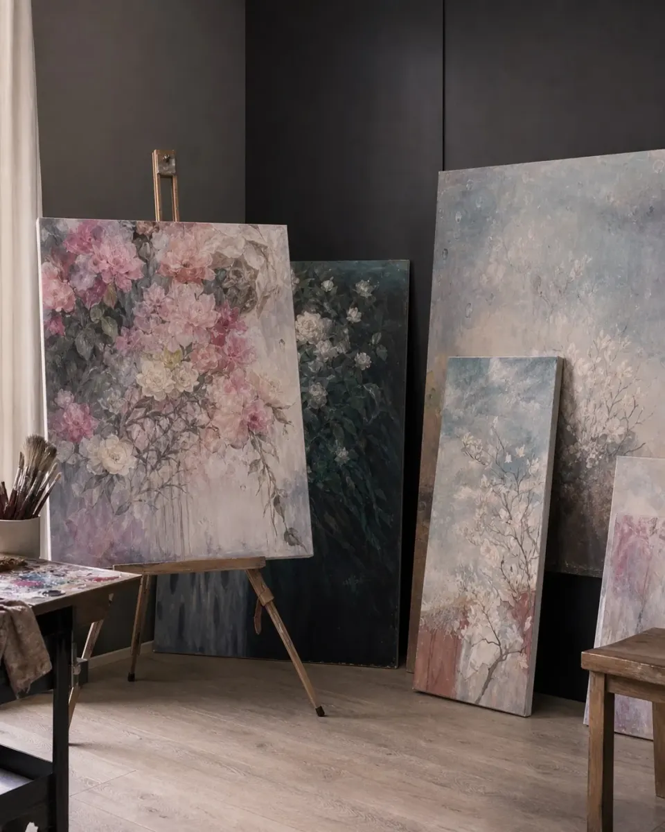Let's Paint Studio 黑色作品墙与花卉画布