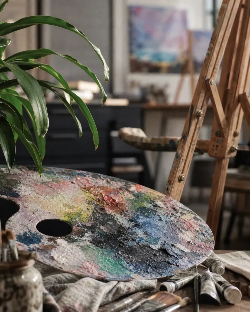 Let's Paint Studio 油画调色板、绿植与画架细节